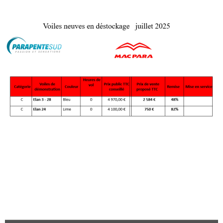 MAC PARA VOILES NEUVES EN DESTOCKAGE 07-25