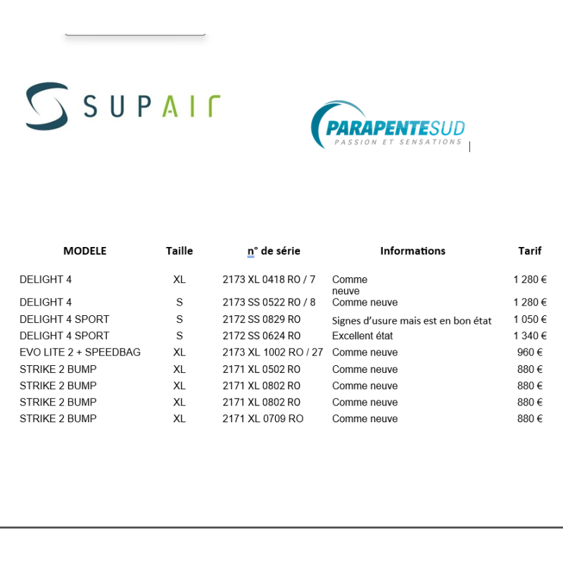 SUPAIR Liste sellettes occasion/démo 2025