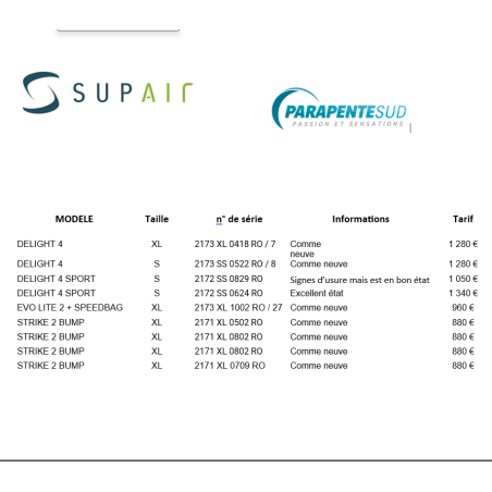 SUPAIR Liste sellettes occasion/démo 2025